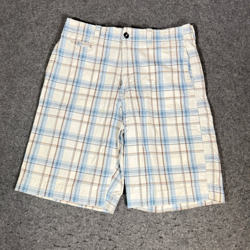American Eagle Mens Plaid Shorts Blue White Brown Longer Length Size 33 Cotton